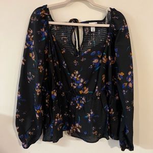 Plus| Ava And Viv Peplum Top Black Floral Puff Sleeve Blouse